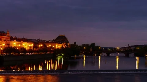 4k time-lapse video of Vltava river and Prague National Theater with bridge Stock Footage 66729093