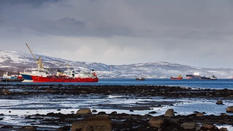4k, Time lapse view on harbour Murmansk, Russia Stock Footage 89371563