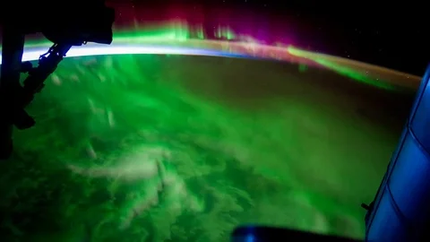 4K time lapse of view passing over Aurora Australis from space Stock Footage 74285702