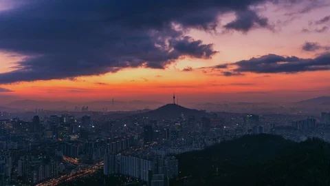 4K Time Lapse View of Seoul City Skyline and Seoul Tower at Sunrise South Korea Stock Footage 123089903