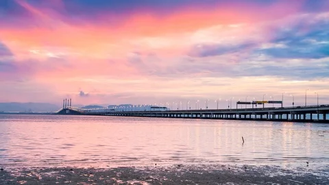 4K Time Lapse view of sunrise from Penang Bridge of George Town Stock Footage 103986492