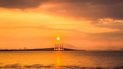 4K Time Lapse view of sunrise from Penang Bridge of George Town Stock Footage 105945941