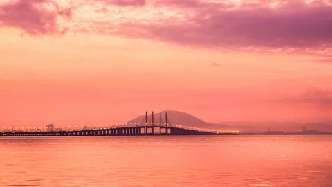 4K Time Lapse view of sunrise from Penang Bridge of George Town Stock-Footage 105946006