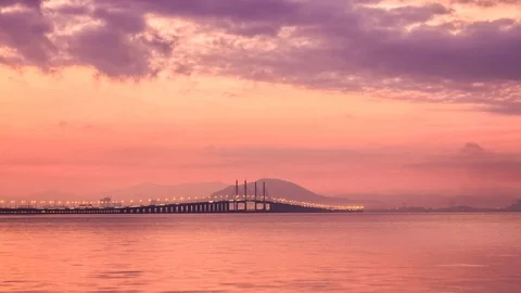 4K Time Lapse view of sunrise from Penang Bridge of George Town Stock Footage 106767629