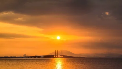 4K Time Lapse view of sunrise from Penang Bridge of George Town Stock Footage 106767669