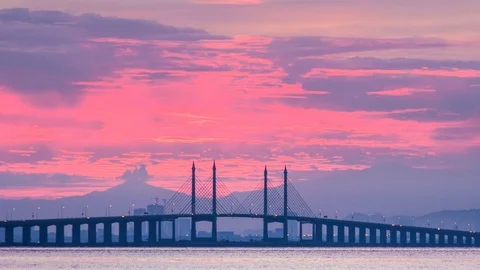 4K Time Lapse view of sunrise from Penang Bridge of George Town Stock Footage 107269463