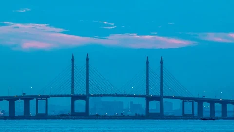 4K Time Lapse view of sunrise from Penang Bridge of George Town Stock Footage 111066506