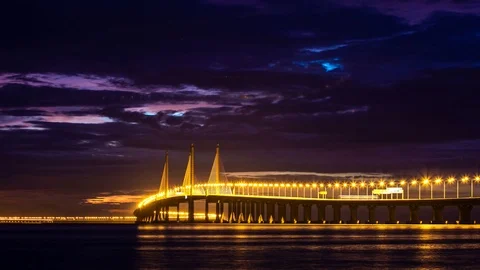 4K Time Lapse view of sunrise from Penang Bridge of George Town Stock Footage 120634319