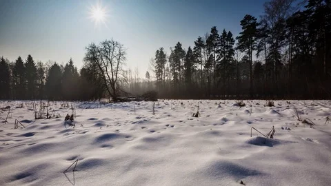 (4k) Time-lapse winter landscape with snow on meadow near forest 스톡 동영상 72635026