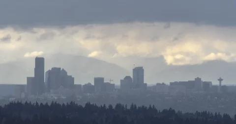 4K Time Lapse of Winter Rain Storm Moving Over Seattle Skyline Stock Footage 106112320