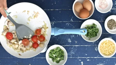 4k Time lapse of woman's hands preparing breakfast omelette recipe with healthy Stock Footage 199616020