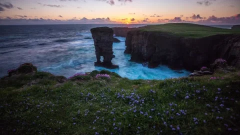 4k time lapse of Yesnaby Stack with Wild Flowers at Sunset in Sandwick Orkney Stock Footage 253322094