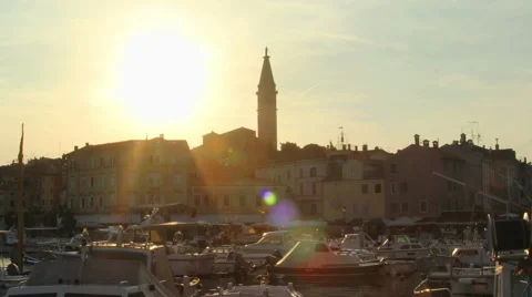 4k timelapes of sun setting over historic coastal town of Rovinj, Croatia Stock Footage 44116839