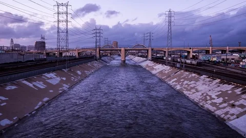 4k Timelapse of 6th street bridge from 7th Street La River Sunset Timelapse 215  Stock Footage 83443255