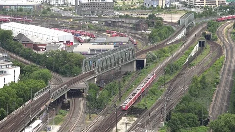 4K Timelapse aerial view local and regional train arrive in Koln city transport Stock Footage 70237190