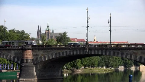 4K Timelapse bridge traffic in downtown people commute in Prague Vitus cathedral Stock Footage 72172909