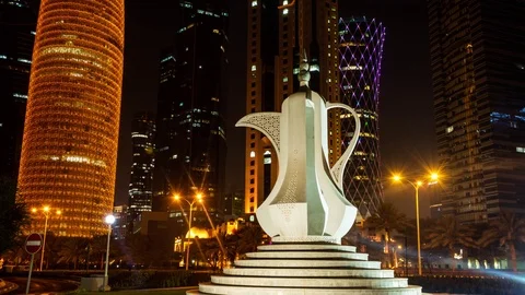 "4K Timelapse of Burj Doha and Teapot Sculpture, Qatar, Night" Stock Footage 94676083