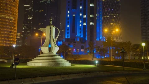 "4K Timelapse Of Burj Doha And Teapot Sculpture, Qatar, Night" Stock Footage 100843286