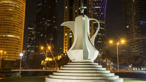 "4K Timelapse Of Burj Doha And Teapot Sculpture, Qatar, Night" Stock Footage 100847138