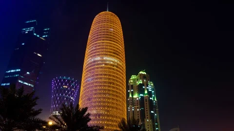 "4K Timelapse of Burj Doha High Rise Office Building Tower Qatar, Night" Stock Footage 94367855