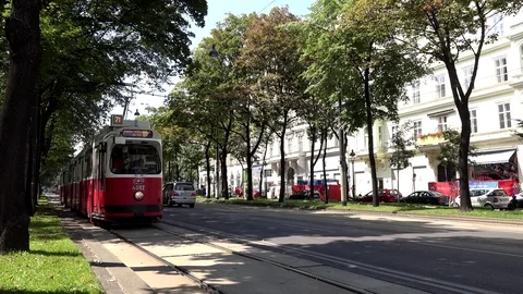 4K Timelapse busy tramway traffic in Vienna town people commute travel transport Stock Footage 74001081
