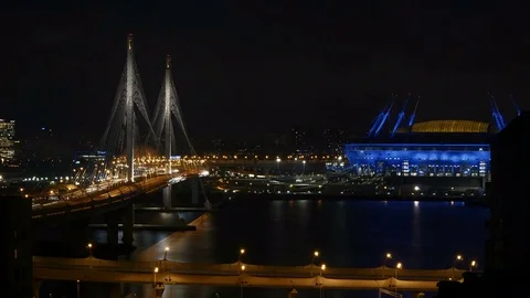 4K timelapse of cable-stayed bridge and Zenith Arena in St Petersburg, Russia Stock Footage 83827714