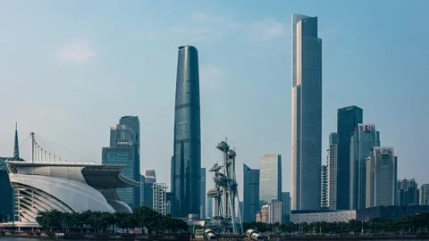 4K Timelapse, CBD Building Complex Under Blue Sky With White Clouds, Guangzhou Video stock 344679510