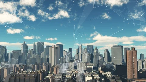 4k timelapse cloud fly over urban,abstract lines nodes. Stock Footage 128846345