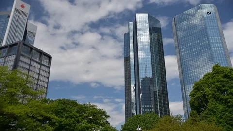 4K Timelapse clouds over modern skyscrapers of Frankfurt Stock Footage 82119164