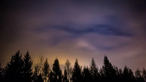 4k timelapse of cloudy night sky over forest silhouette. Stock Footage 82706349
