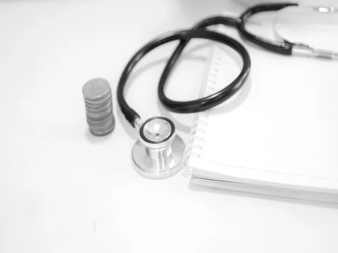 4K Timelapse of coins stacked layers increases with stethoscope Stock Footage 71002922