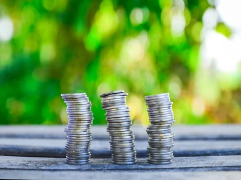 4K Timelapse of coins stacked layers decreases over green leaf  Stock Footage 71003354