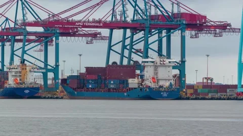 4k timelapse of container ship being loaded in port Video stock 166109371