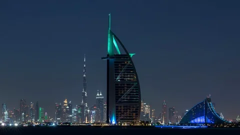 4k Timelapse of Downtown Dubai Skyline, Burj Al Arab, Khalifa & Jumeirah Stock Footage