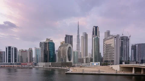 4K Timelapse of Downtown Dubai, UAE from Business bay with Burj Khalifa Landmark Stock Footage 168755342