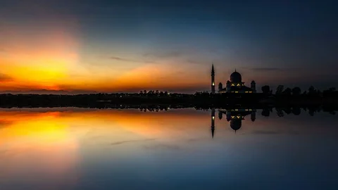 4k timelapse of floating mosque at penang island,Malaysia with reflection. Stock Footage 97830166