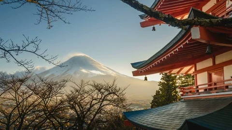 4k Timelapse of Fuji mountain and Chureito pagoda during sunrise. Camera zoom in Stock Footage 101472479