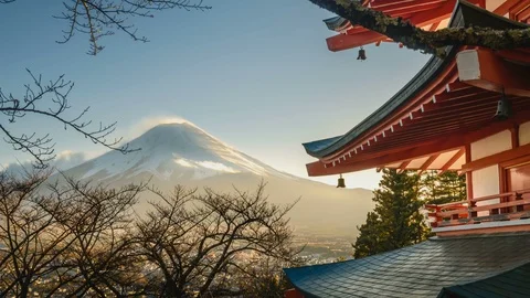 4k Timelapse of Fuji mountain and Chureito pagoda during sunrise.Camera zoom out Stock Footage 101475229