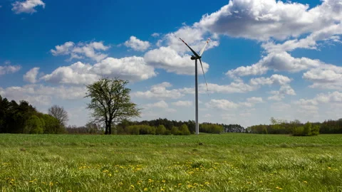 4k timelapse with green spring field, windmill and blooming meadow. Stock Footage 153752367