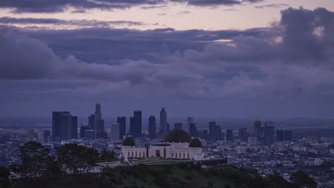 4K Timelapse of Griffith Observatory and Downtown Los Angeles in Griffith Park.  Stock Footage 87455306