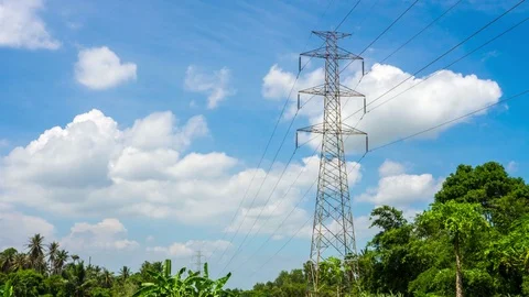 4k timelapse High voltage electric tower on the mountain and blue sky background Stock Footage 91132920