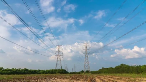 4k timelapse High voltage electric tower on the mountain and blue sky background Stock Footage 118895187