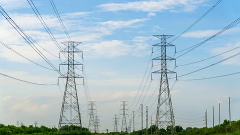 4K Timelapse of high voltage post.High-voltage tower sky background. Dolly shot Stock Footage 93305931