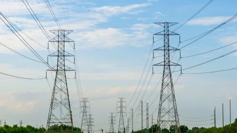 4K Timelapse of high voltage post.High-voltage tower sky background. Dolly shot Stock Footage 93305986