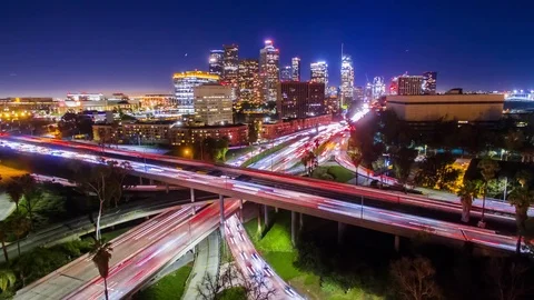 4K timelapse of huge traffic on freeway interchange  in downtown Los Angeles Stock Footage 72687280