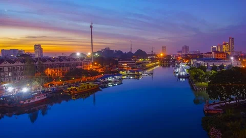 4K Timelapse of Malacca Riverside and Taming Sari tower during sunrise Stock Footage 115727466