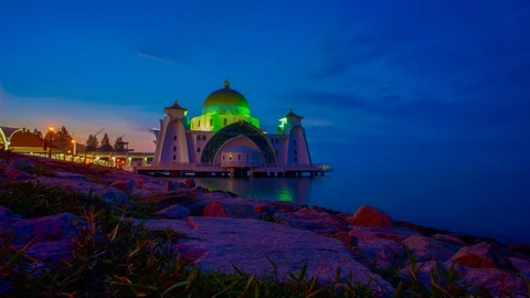 4k Timelapse of Malacca Straits Mosque during magnificent sunrise Stock Footage 93098247