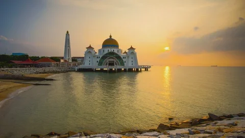 4k Timelapse of Malacca Straits Mosque during sunrise with Stock Footage 103237522