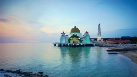 4K Timelapse of Malacca Straits Mosque during sunrise. Tilt up effect Stock Footage 105138332