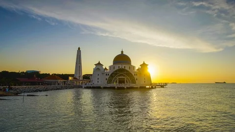 4K Timelapse of Malacca Straits Mosque during sunset. Pan Right effect. Stock Footage 115687358